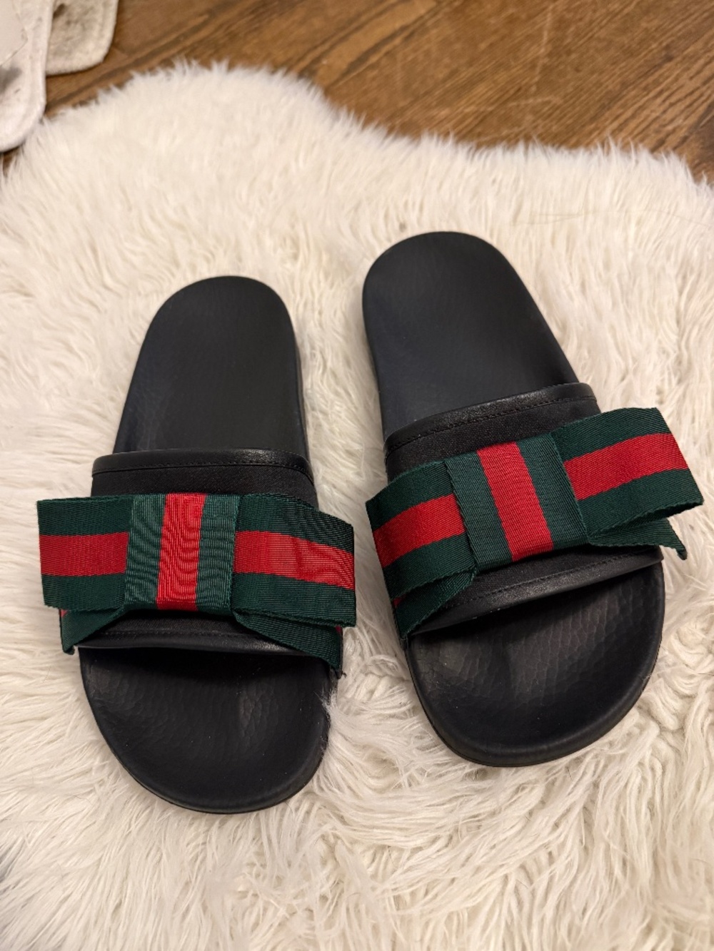 Gucci Satin Web Bow Slide Sandals